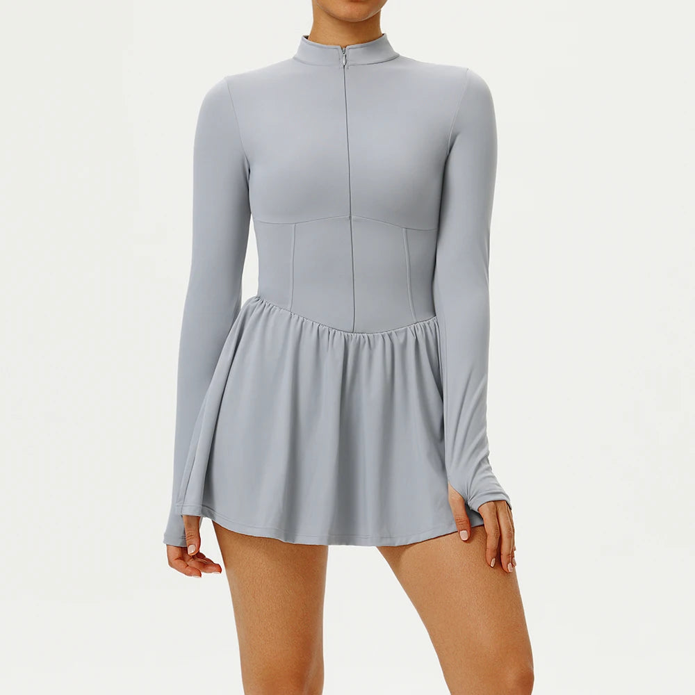 Robe de Sport Femme à Manches Longues – Respirante & Évasée  Idéale pour le yoga, le running ou le tennis. Tissu léger, anti-transparence et confort absolu.