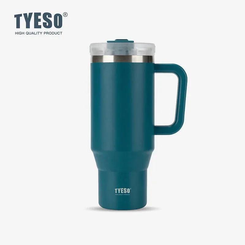 Gobelet isotherme Tyeso 900/1200 ml en acier inoxydable avec anse et paille, idéal pour les voyages, les boissons chaudes et glacées.
