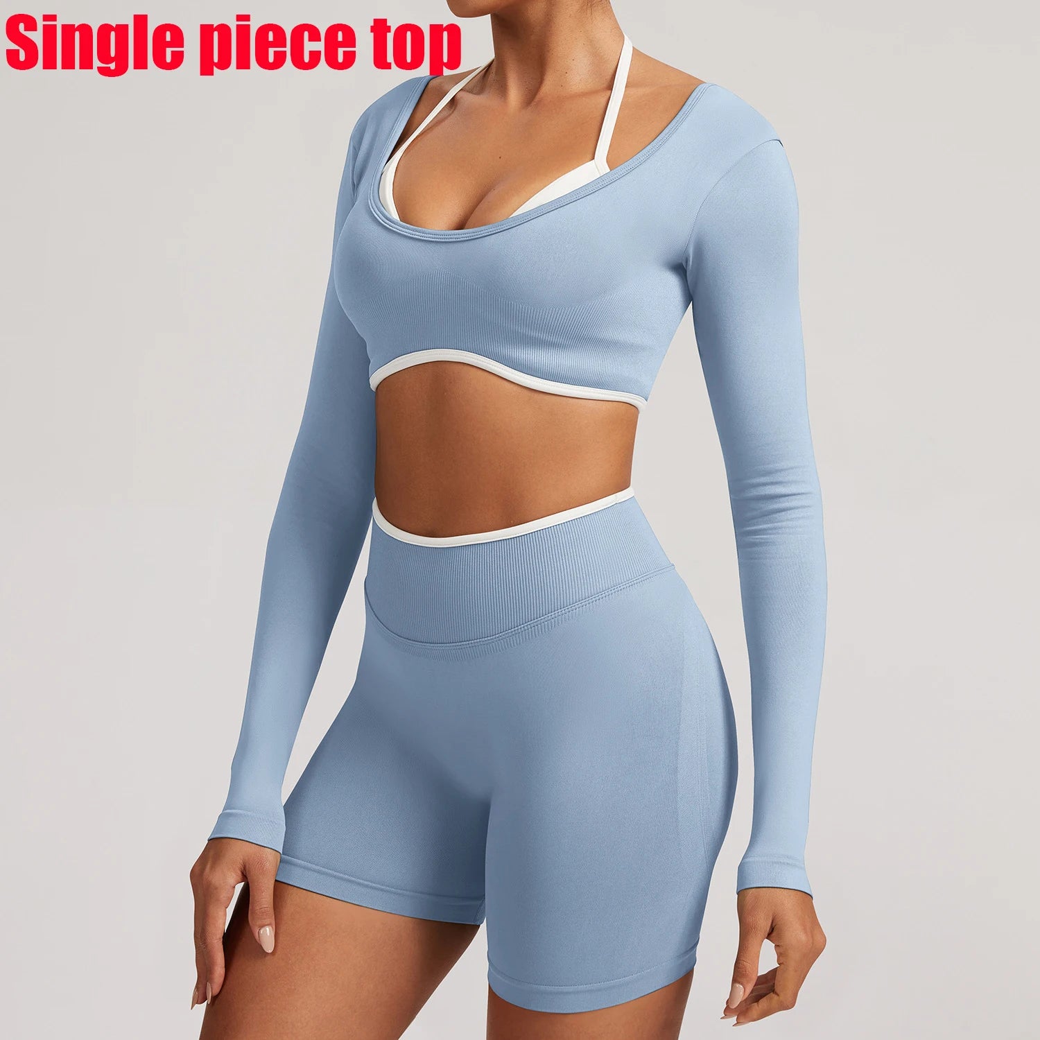 T-shirt de yoga femme sans coutures à manches longues, idéal pour le fitness, la course et la gym. Haut court respirant et extensible, parfait pour le sport.