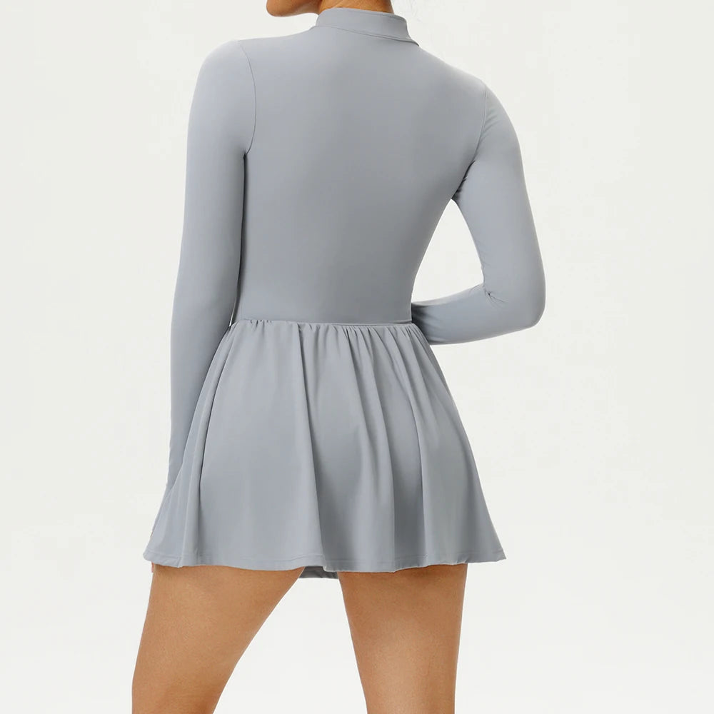 Robe de Sport Femme à Manches Longues – Respirante & Évasée  Idéale pour le yoga, le running ou le tennis. Tissu léger, anti-transparence et confort absolu.