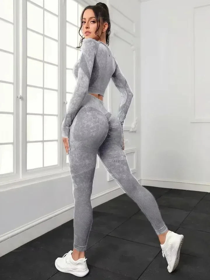Ensemble de sport 2 pièces délavé à l'acide pour femme : leggings sans coutures à manches longues, survêtement, tenue de fitness et de yoga.