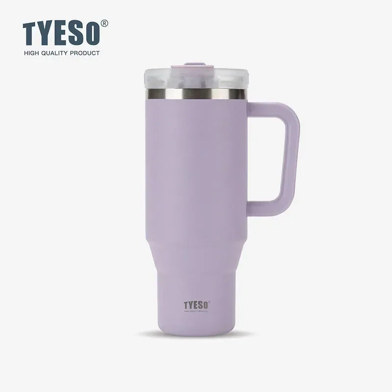 Gobelet isotherme Tyeso 900/1200 ml en acier inoxydable avec anse et paille, idéal pour les voyages, les boissons chaudes et glacées.