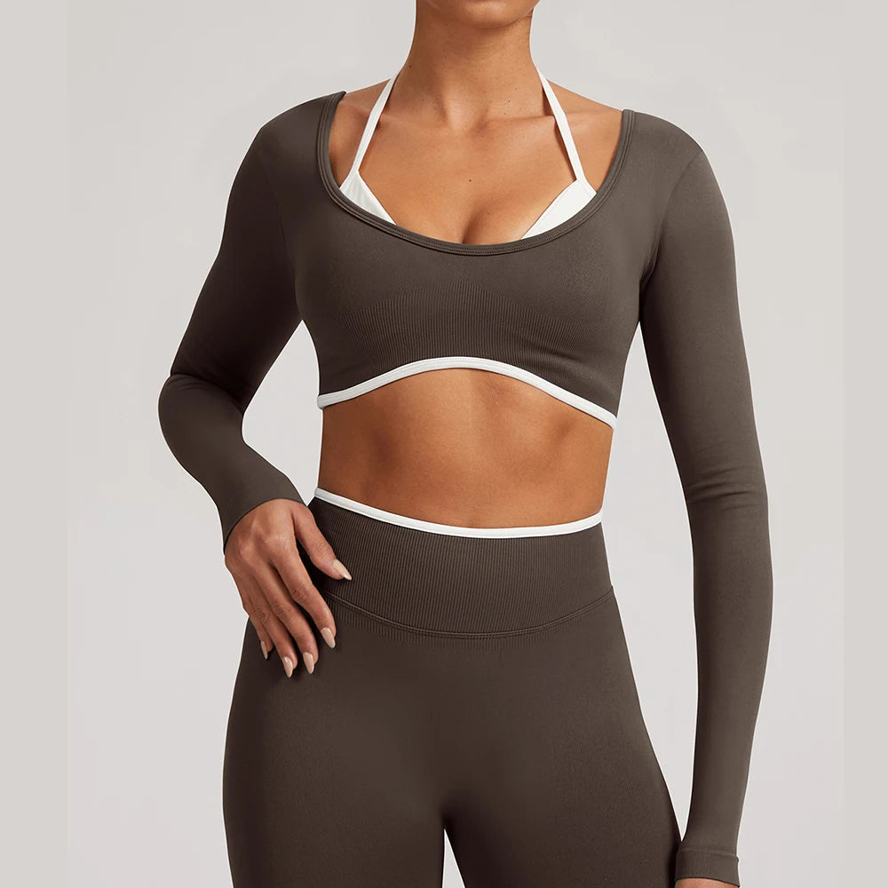 T-shirt de yoga femme sans coutures à manches longues, idéal pour le fitness, la course et la gym. Haut court respirant et extensible, parfait pour le sport.