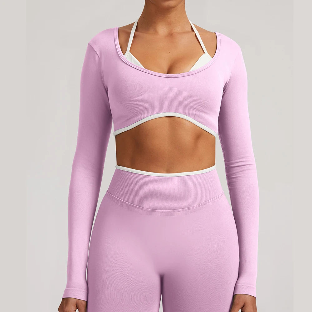 T-shirt de yoga femme sans coutures à manches longues, idéal pour le fitness, la course et la gym. Haut court respirant et extensible, parfait pour le sport.