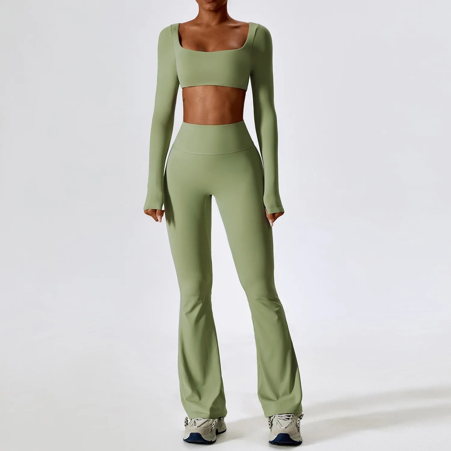 Ensemble de yoga 2 pièces sans coutures pour femme : vêtements de sport de fitness, legging, soutien-gorge de sport, crop top, haut à manches longues.