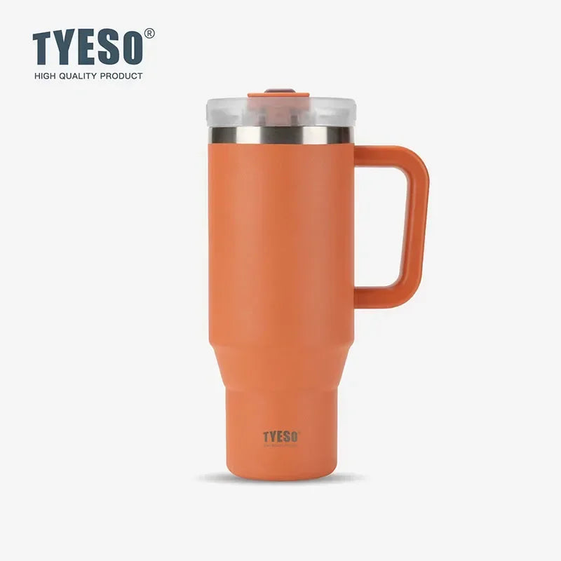 Gobelet isotherme Tyeso 900/1200 ml en acier inoxydable avec anse et paille, idéal pour les voyages, les boissons chaudes et glacées.