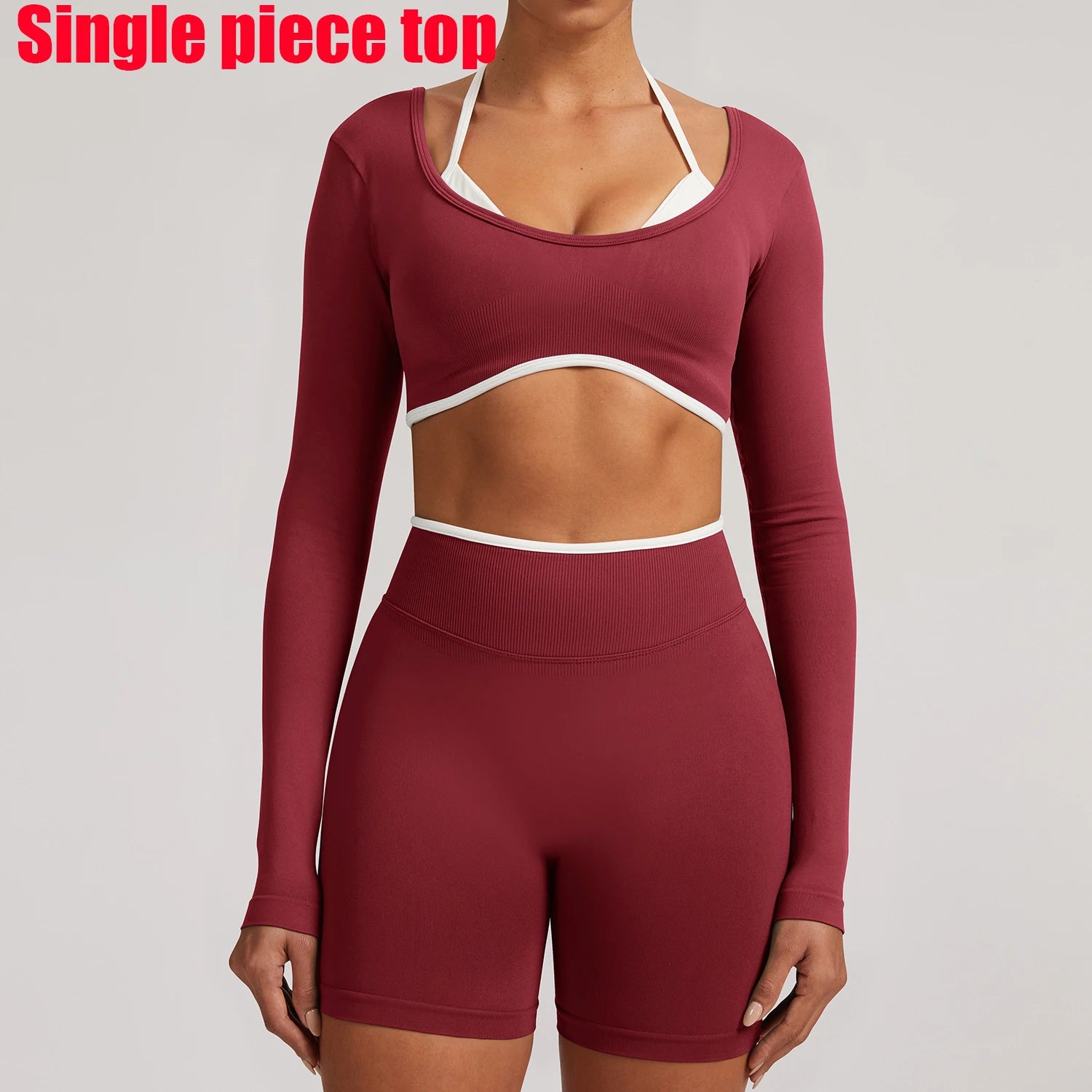 T-shirt de yoga femme sans coutures à manches longues, idéal pour le fitness, la course et la gym. Haut court respirant et extensible, parfait pour le sport.