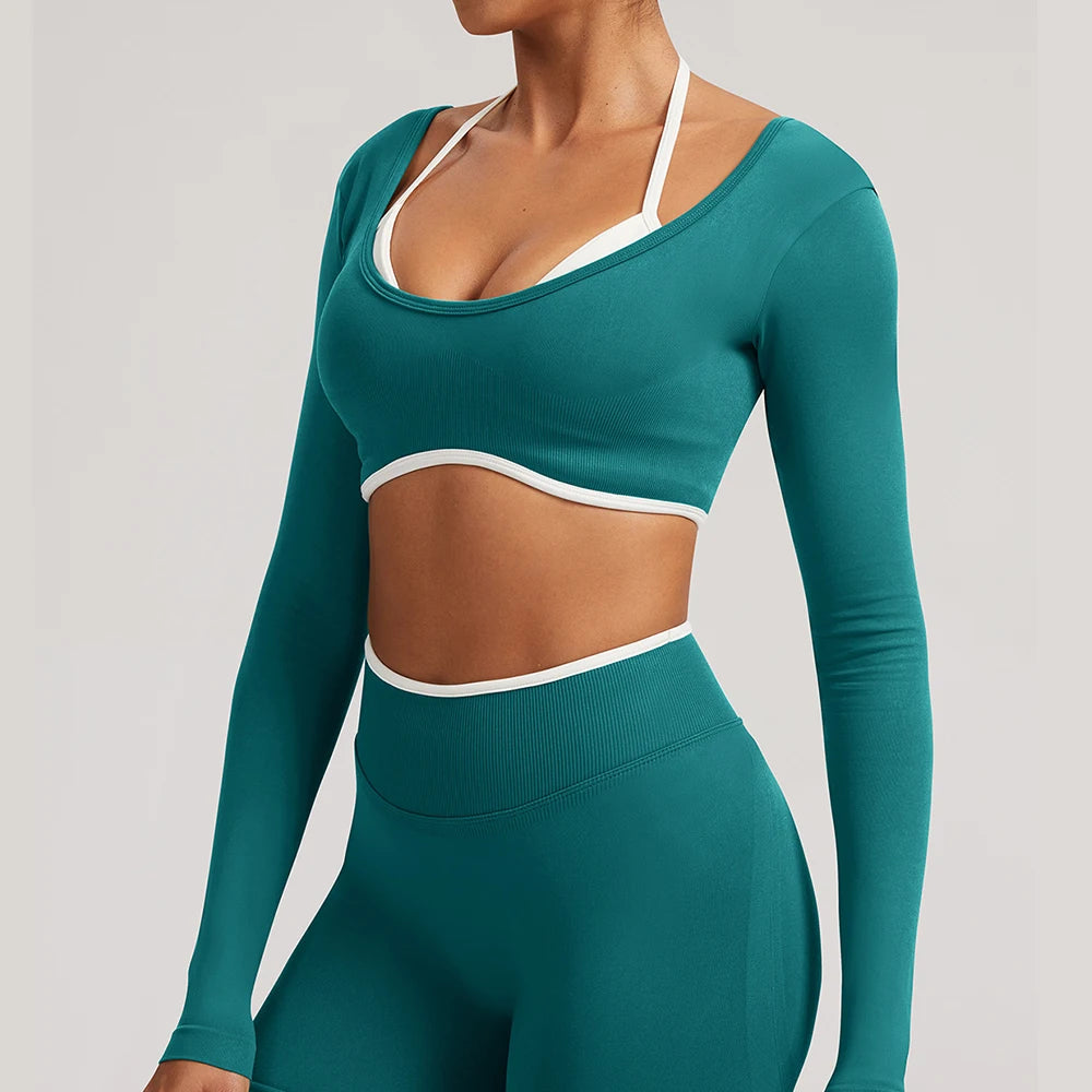 T-shirt de yoga femme sans coutures à manches longues, idéal pour le fitness, la course et la gym. Haut court respirant et extensible, parfait pour le sport.