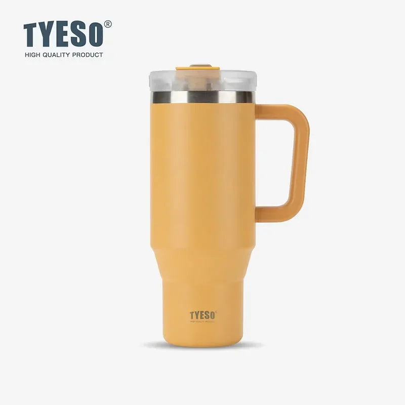 Gobelet isotherme Tyeso 900/1200 ml en acier inoxydable avec anse et paille, idéal pour les voyages, les boissons chaudes et glacées.