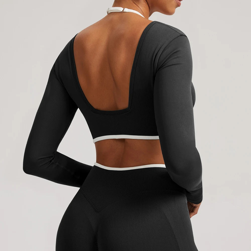 T-shirt de yoga femme sans coutures à manches longues, idéal pour le fitness, la course et la gym. Haut court respirant et extensible, parfait pour le sport.