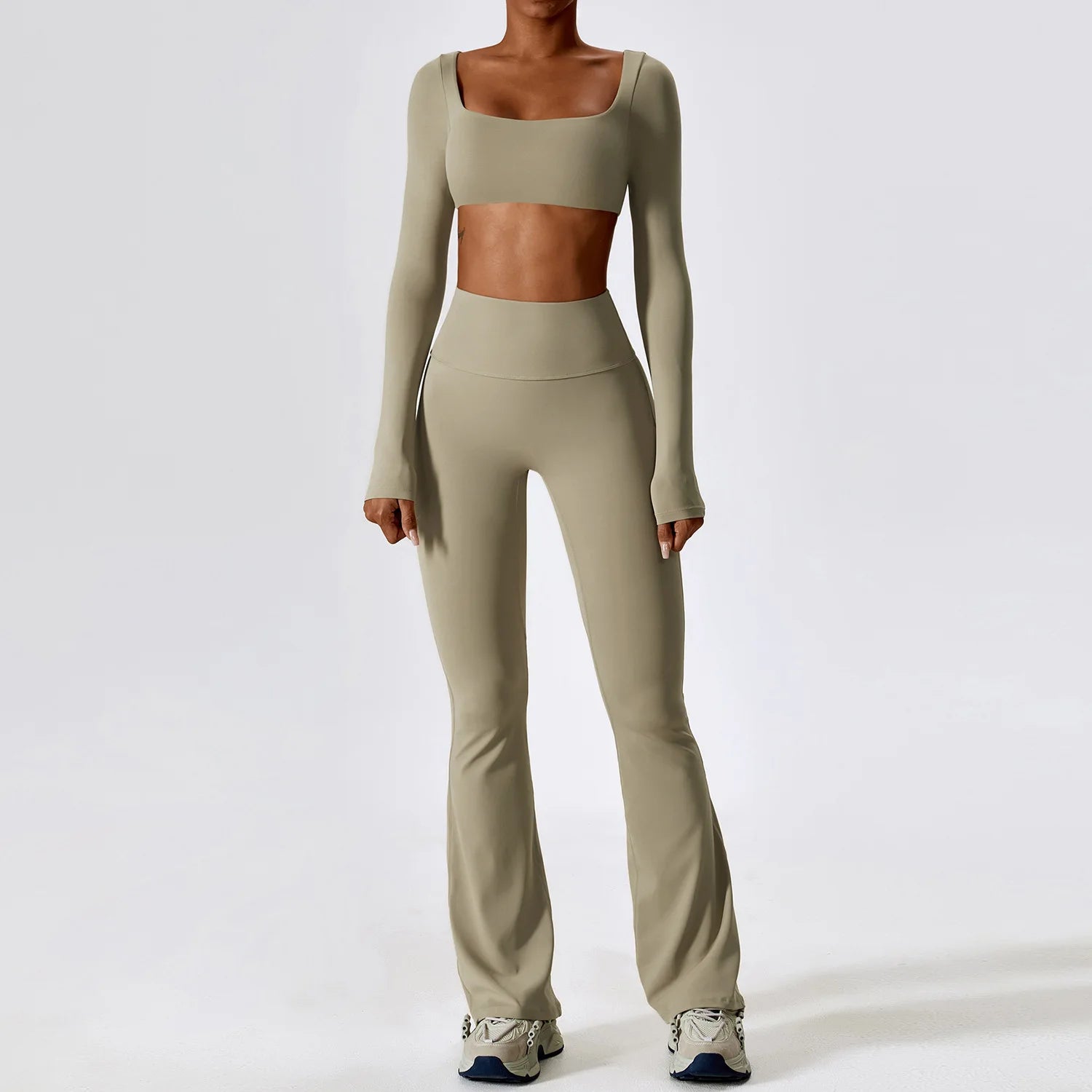 Ensemble de yoga 2 pièces sans coutures pour femme : vêtements de sport de fitness, legging, soutien-gorge de sport, crop top, haut à manches longues.