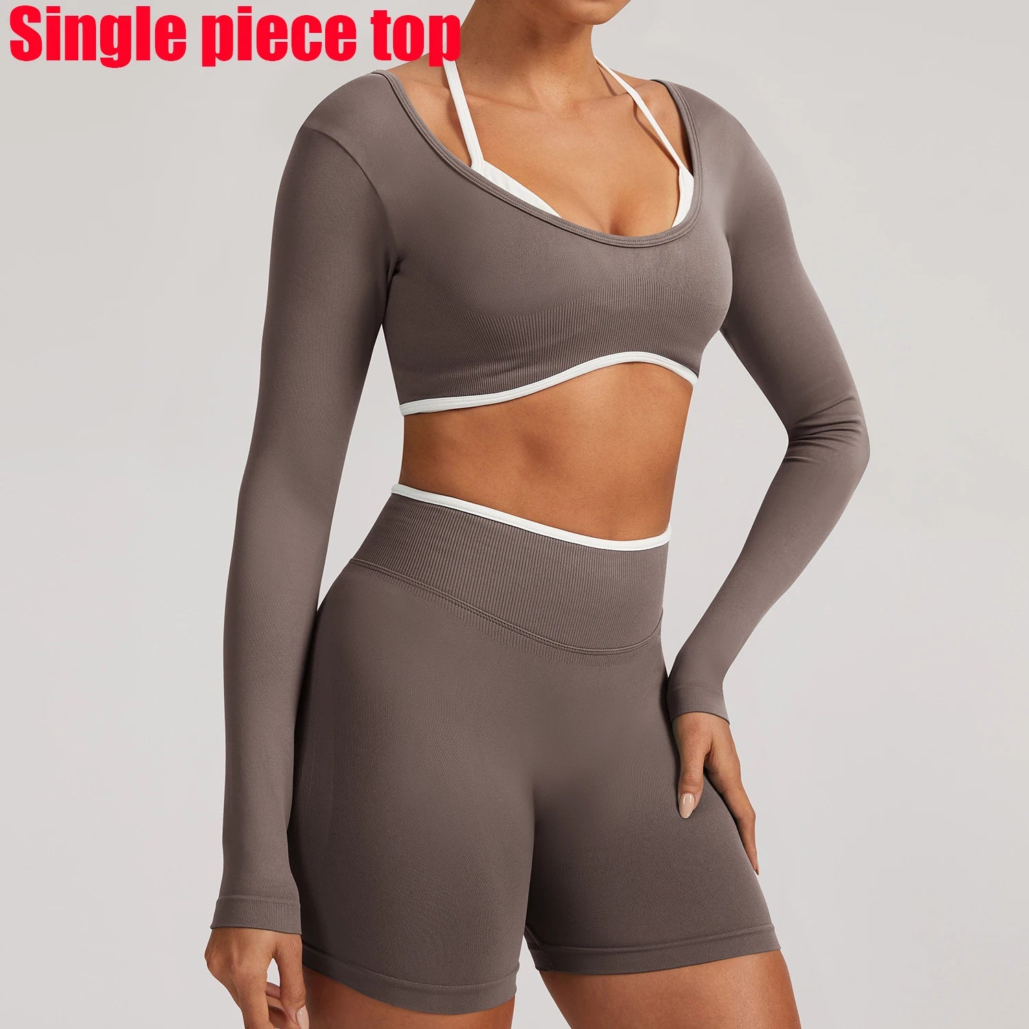 T-shirt de yoga femme sans coutures à manches longues, idéal pour le fitness, la course et la gym. Haut court respirant et extensible, parfait pour le sport.