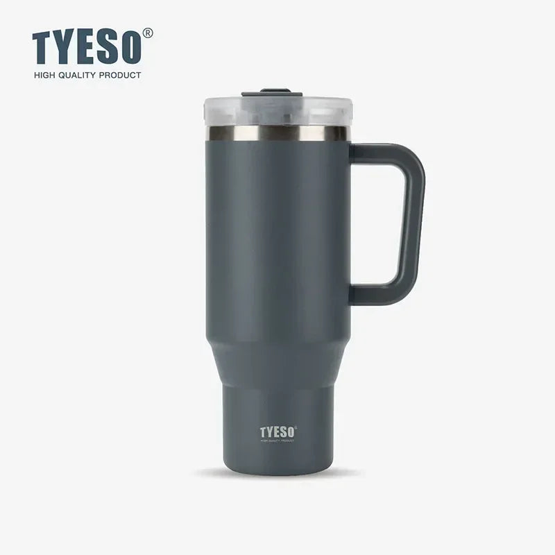 Gobelet isotherme Tyeso 900/1200 ml en acier inoxydable avec anse et paille, idéal pour les voyages, les boissons chaudes et glacées.
