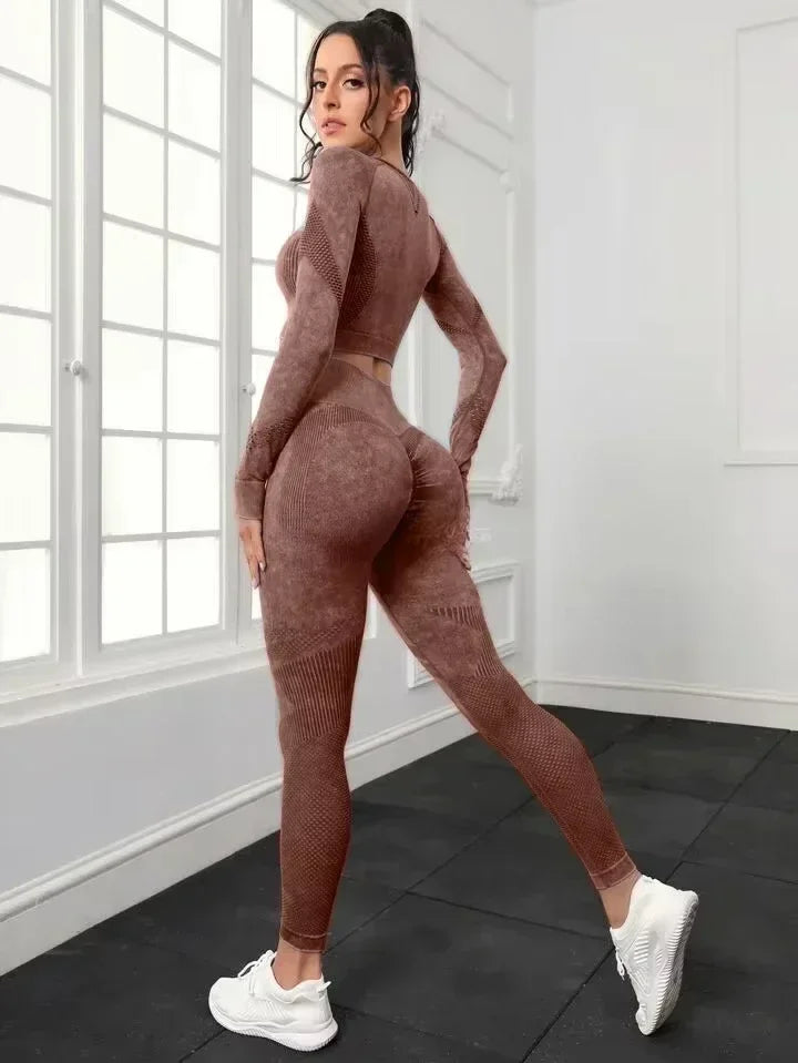 Ensemble de sport 2 pièces délavé à l'acide pour femme : leggings sans coutures à manches longues, survêtement, tenue de fitness et de yoga.