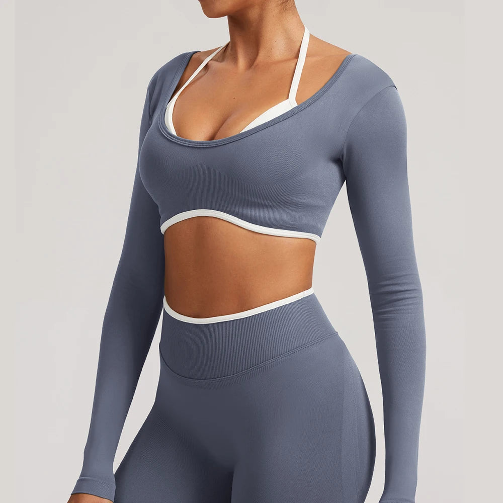 T-shirt de yoga femme sans coutures à manches longues, idéal pour le fitness, la course et la gym. Haut court respirant et extensible, parfait pour le sport.