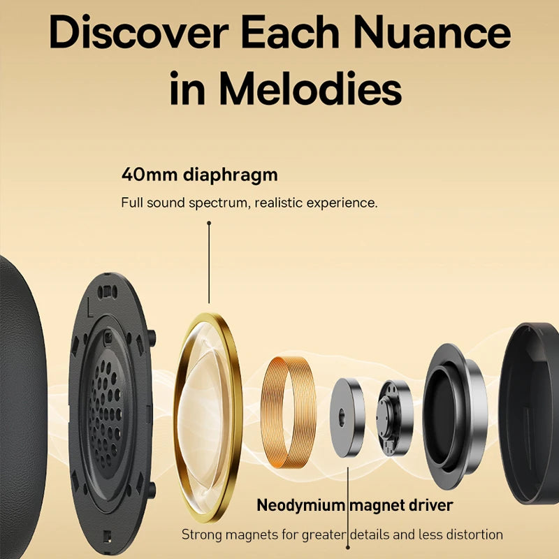 Casque sans fil Baseus Bowie D05 : audio spatial 3D, Bluetooth 5.3, haut-parleurs de 40 mm, pliable, circum-aural, autonomie de 70 heures.