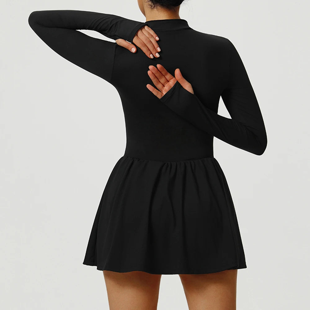 Robe de Sport Femme à Manches Longues – Respirante & Évasée  Idéale pour le yoga, le running ou le tennis. Tissu léger, anti-transparence et confort absolu.