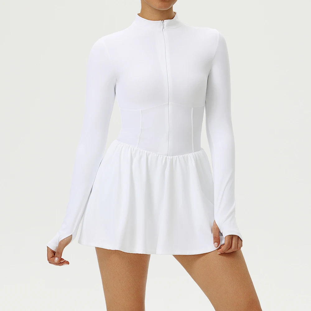 Robe de Sport Femme à Manches Longues – Respirante & Évasée  Idéale pour le yoga, le running ou le tennis. Tissu léger, anti-transparence et confort absolu.