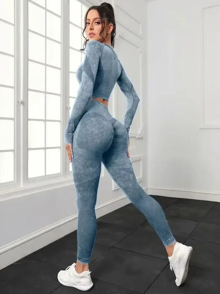 Ensemble de sport 2 pièces délavé à l'acide pour femme : leggings sans coutures à manches longues, survêtement, tenue de fitness et de yoga.