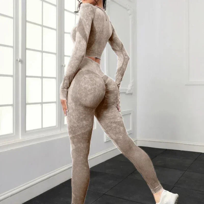 Ensemble de sport 2 pièces délavé à l'acide pour femme : leggings sans coutures à manches longues, survêtement, tenue de fitness et de yoga.