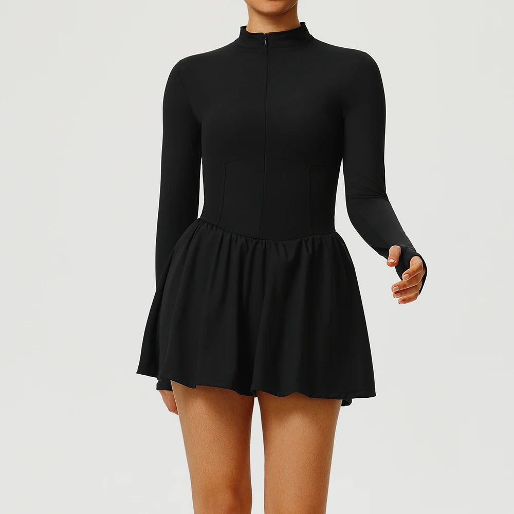 Robe de Sport Femme à Manches Longues – Respirante & Évasée  Idéale pour le yoga, le running ou le tennis. Tissu léger, anti-transparence et confort absolu.