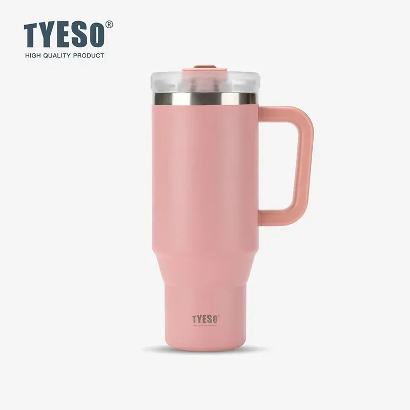 Gobelet isotherme Tyeso 900/1200 ml en acier inoxydable avec anse et paille, idéal pour les voyages, les boissons chaudes et glacées.