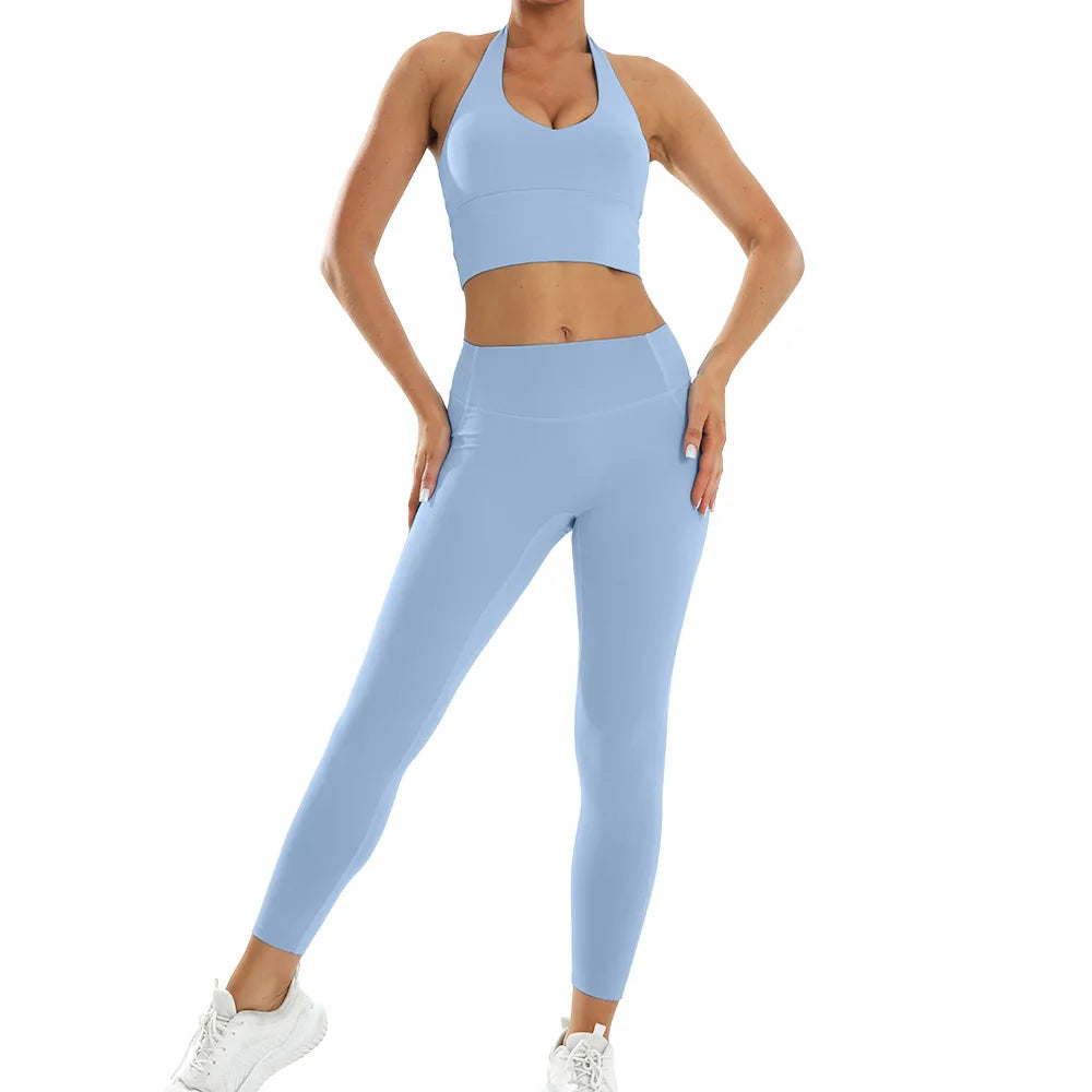 Ensemble de yoga 2 pièces pour femme, vêtements de sport et de fitness : haut court à manches courtes et legging taille haute.