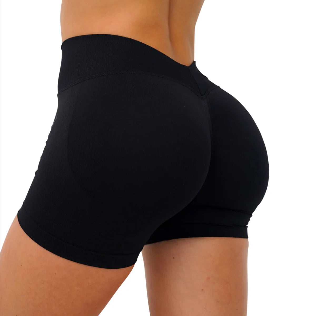 Short de sport femme à dos en V, taille mi-haute, sans coutures, idéal pour le yoga, la gym et le fitness. Extensible dans les 4 sens.