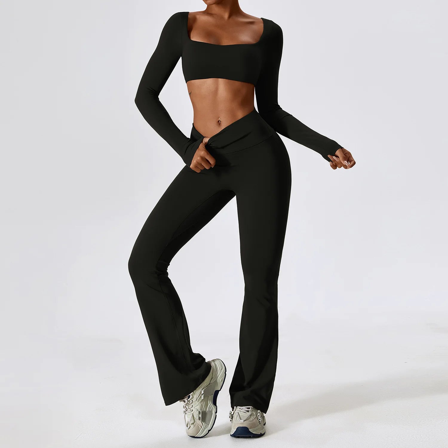 Ensemble de yoga 2 pièces sans coutures pour femme : vêtements de sport de fitness, legging, soutien-gorge de sport, crop top, haut à manches longues.
