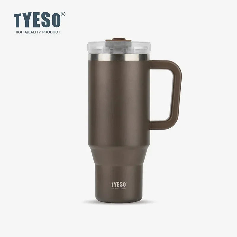 Gobelet isotherme Tyeso 900/1200 ml en acier inoxydable avec anse et paille, idéal pour les voyages, les boissons chaudes et glacées.