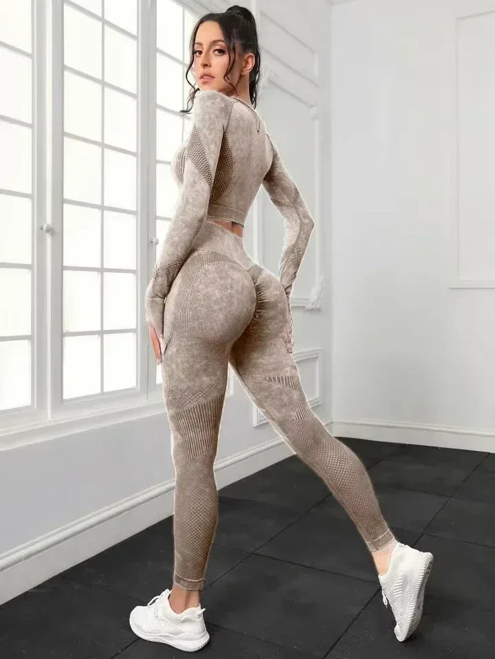 Ensemble de sport 2 pièces délavé à l'acide pour femme : leggings sans coutures à manches longues, survêtement, tenue de fitness et de yoga.