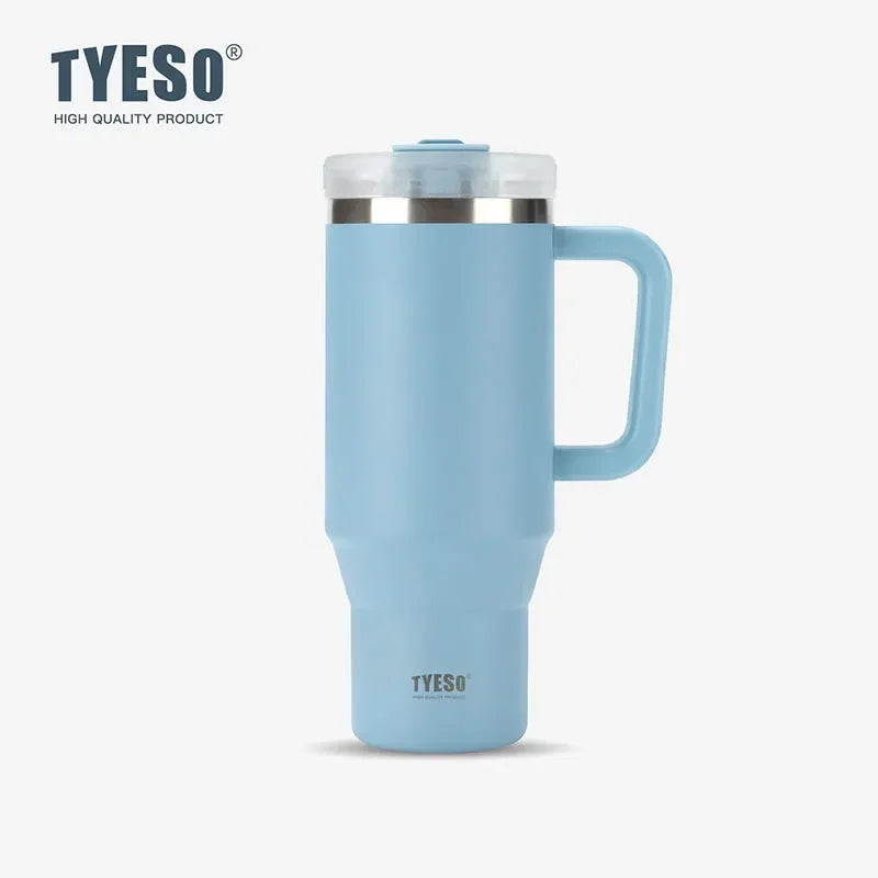 Gobelet isotherme Tyeso 900/1200 ml en acier inoxydable avec anse et paille, idéal pour les voyages, les boissons chaudes et glacées.