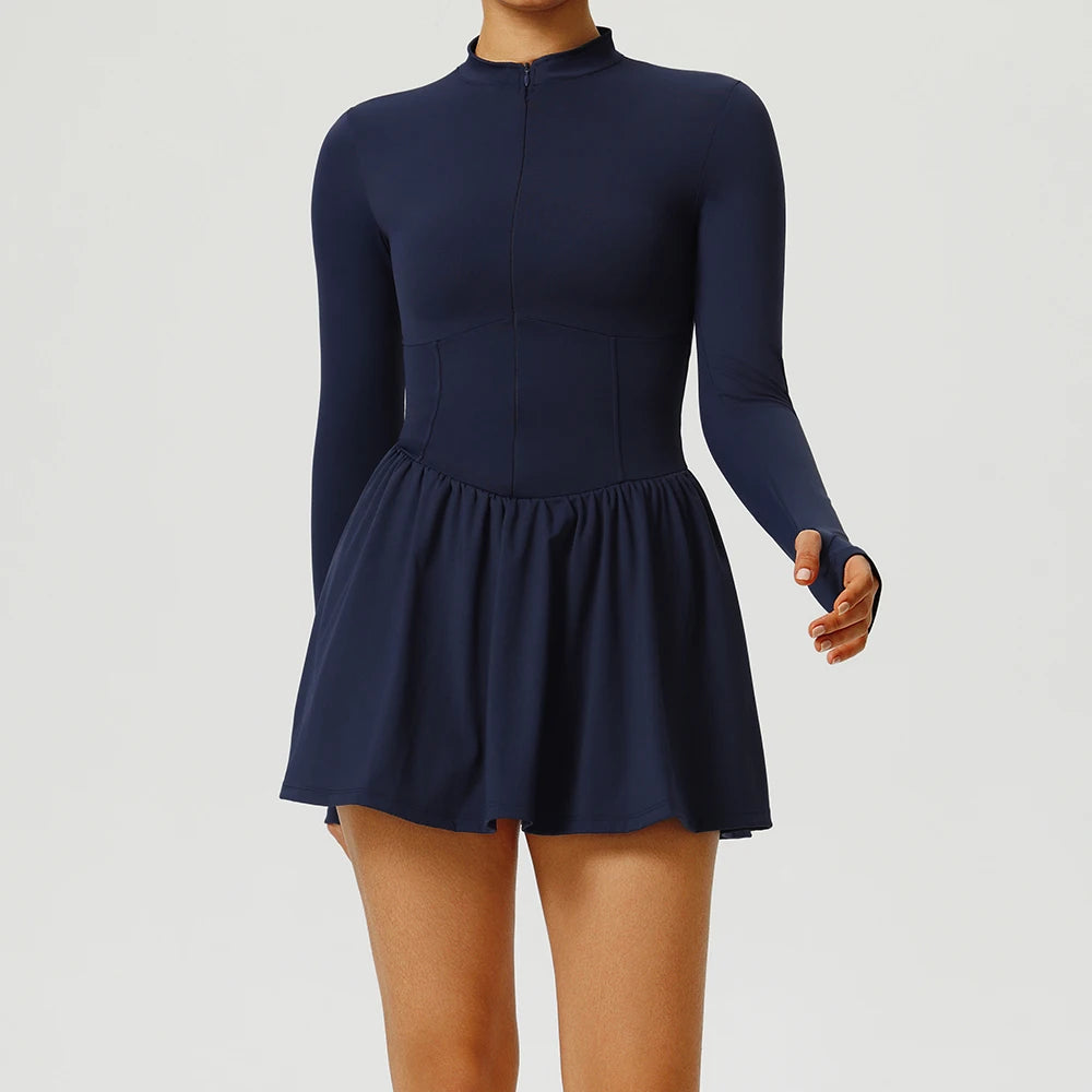 Robe de Sport Femme à Manches Longues – Respirante & Évasée  Idéale pour le yoga, le running ou le tennis. Tissu léger, anti-transparence et confort absolu.