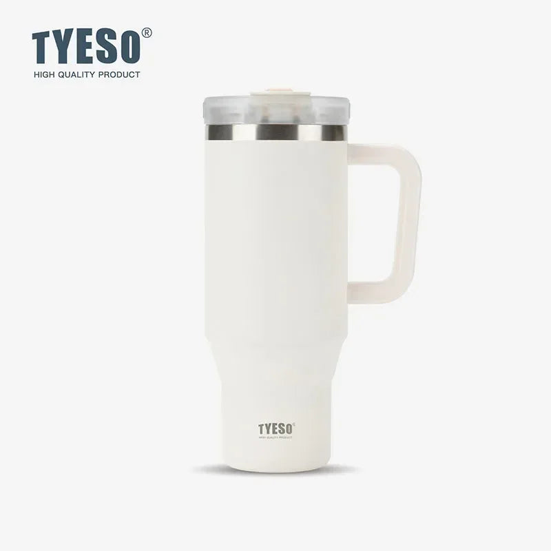Gobelet isotherme Tyeso 900/1200 ml en acier inoxydable avec anse et paille, idéal pour les voyages, les boissons chaudes et glacées.