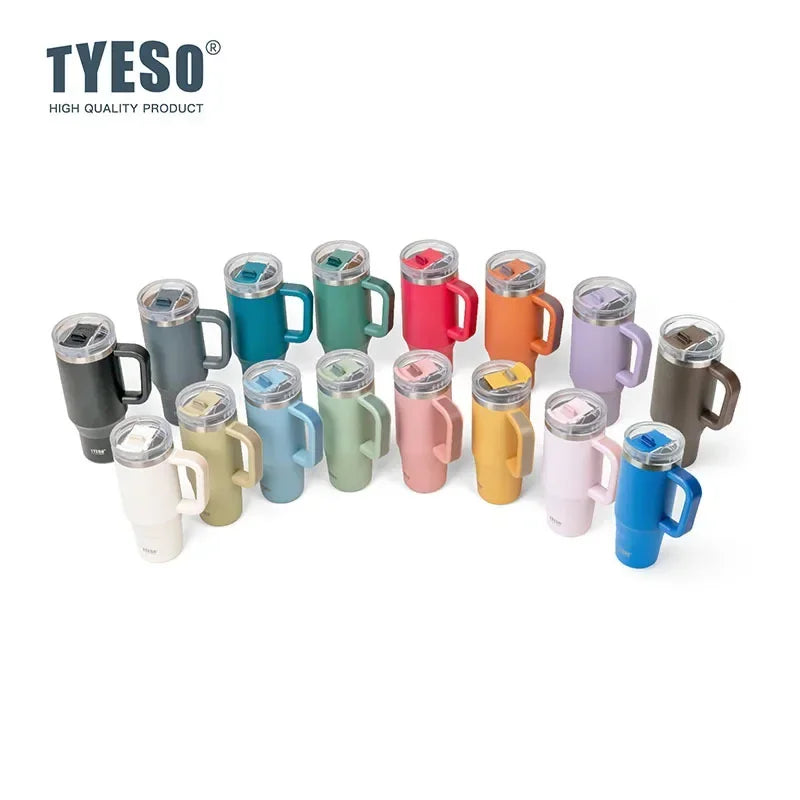 Gobelet isotherme Tyeso 900/1200 ml en acier inoxydable avec anse et paille, idéal pour les voyages, les boissons chaudes et glacées.
