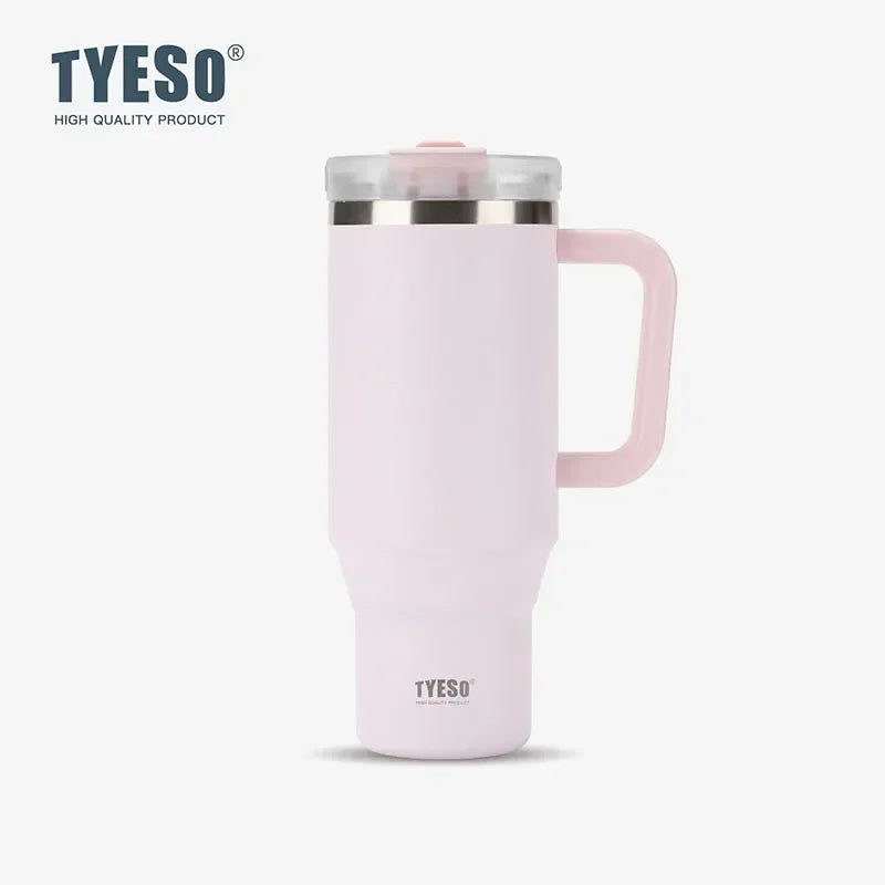 Gobelet isotherme Tyeso 900/1200 ml en acier inoxydable avec anse et paille, idéal pour les voyages, les boissons chaudes et glacées.