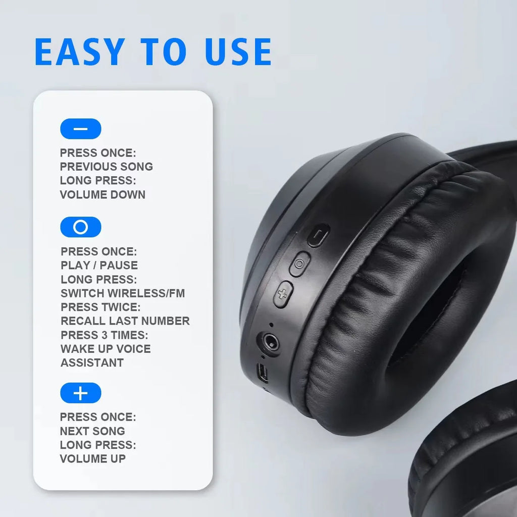 Casque audio sans fil Bluetooth 5.3 supra-auriculaire stéréo Hi-Fi, idéal pour le sport et les jeux vidéo, avec lecteur de musique TF/AUX, micro HD et idées cadeaux.