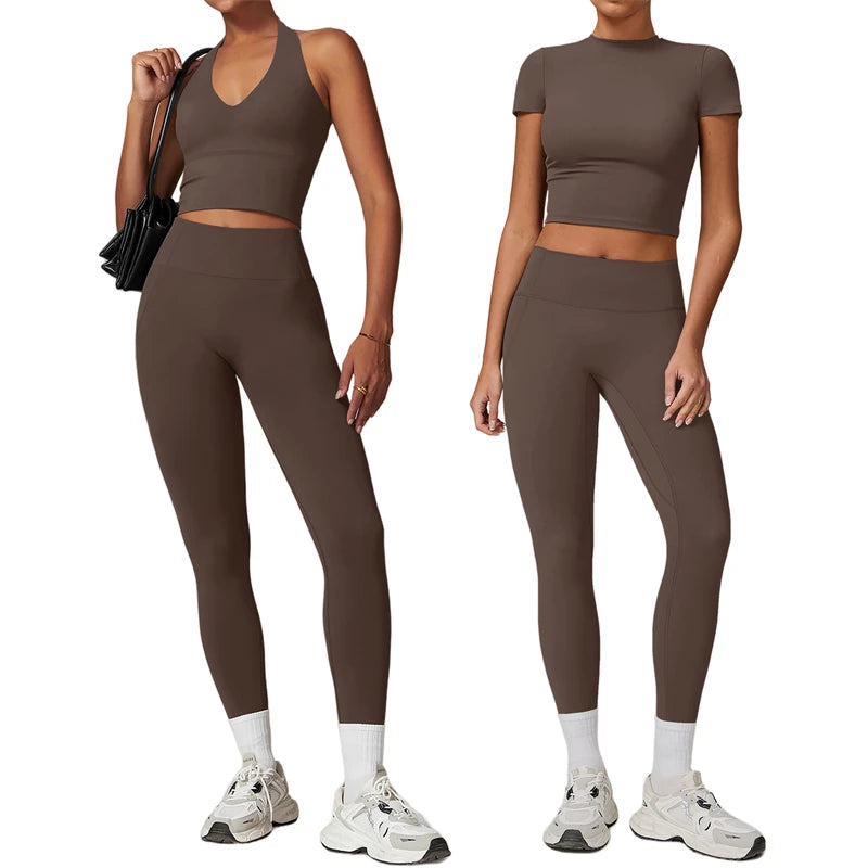 Ensemble de yoga 2 pièces pour femme, vêtements de sport et de fitness : haut court à manches courtes et legging taille haute.