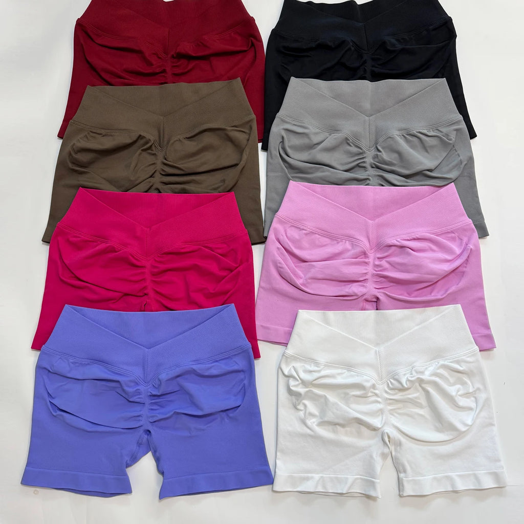 Short de sport femme à dos en V, taille mi-haute, sans coutures, idéal pour le yoga, la gym et le fitness. Extensible dans les 4 sens.