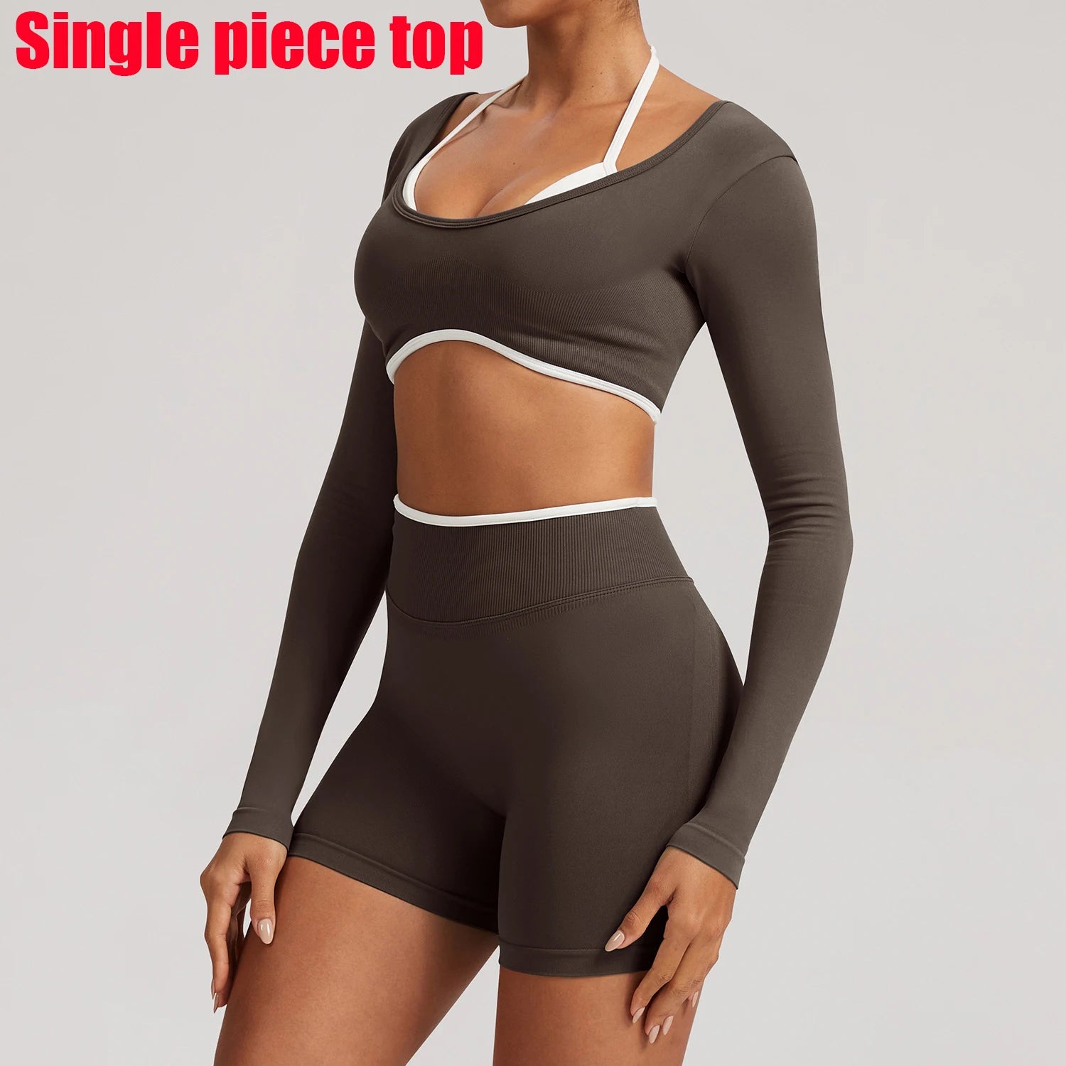 T-shirt de yoga femme sans coutures à manches longues, idéal pour le fitness, la course et la gym. Haut court respirant et extensible, parfait pour le sport.