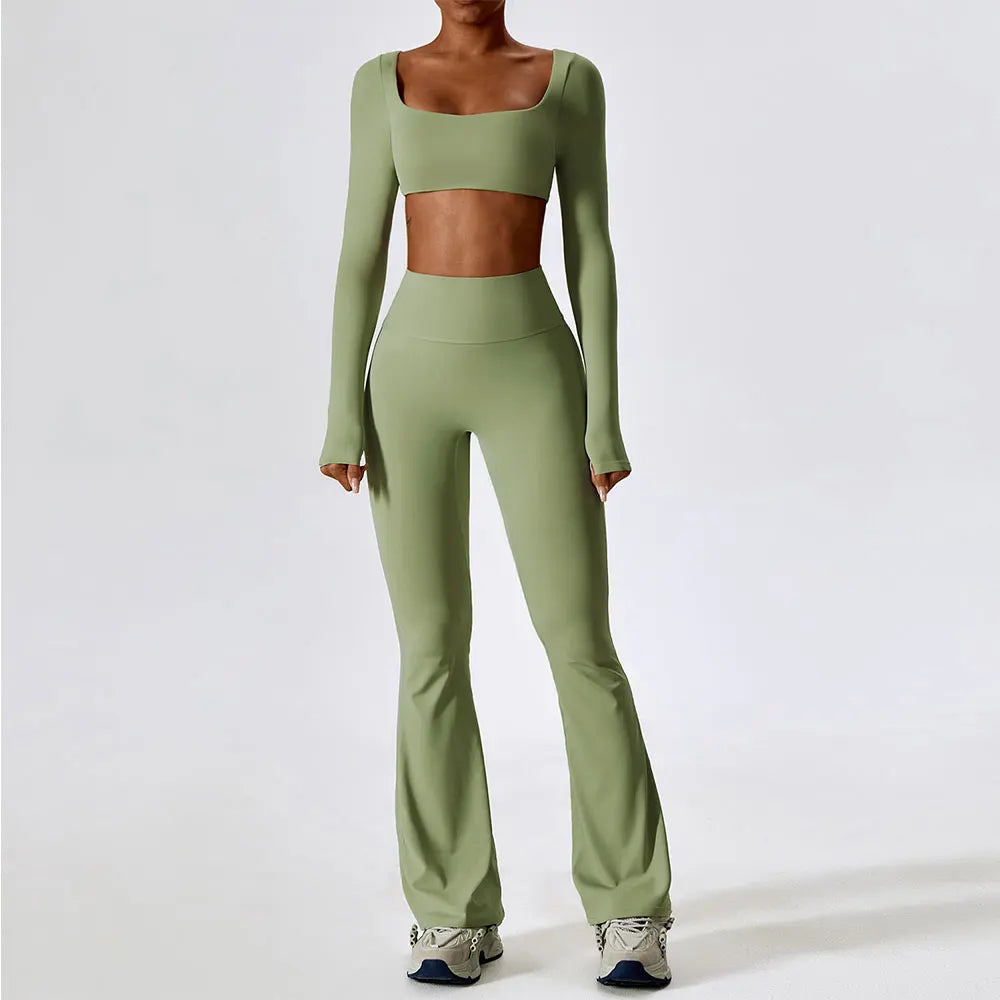 Ensemble de yoga 2 pièces sans coutures pour femme : vêtements de sport de fitness, legging, soutien-gorge de sport, crop top, haut à manches longues.