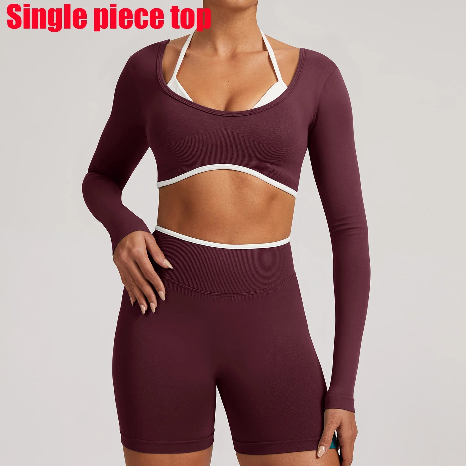 T-shirt de yoga femme sans coutures à manches longues, idéal pour le fitness, la course et la gym. Haut court respirant et extensible, parfait pour le sport.