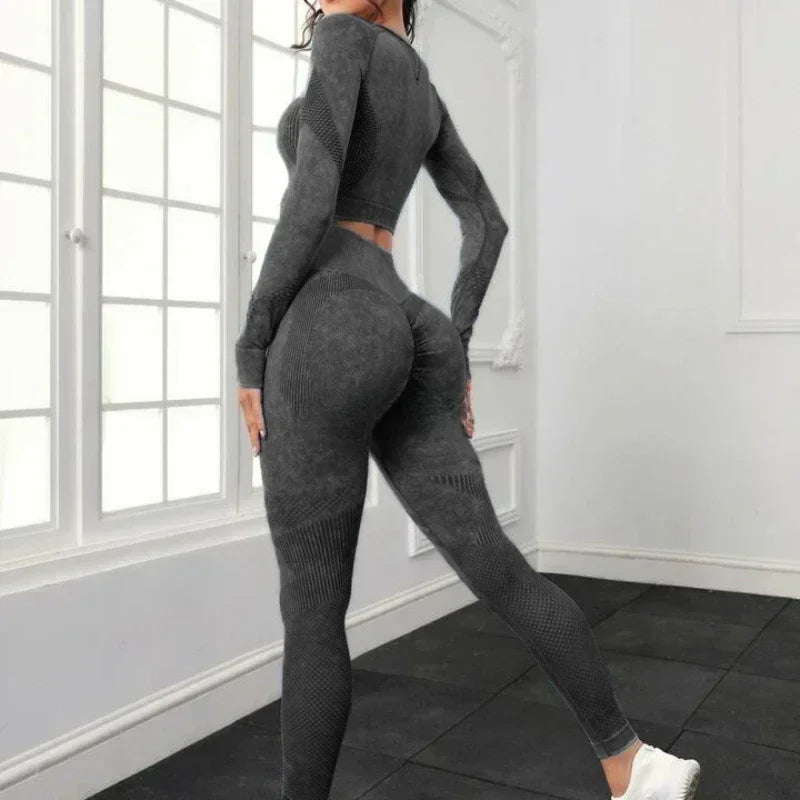 Ensemble de sport 2 pièces délavé à l'acide pour femme : leggings sans coutures à manches longues, survêtement, tenue de fitness et de yoga.