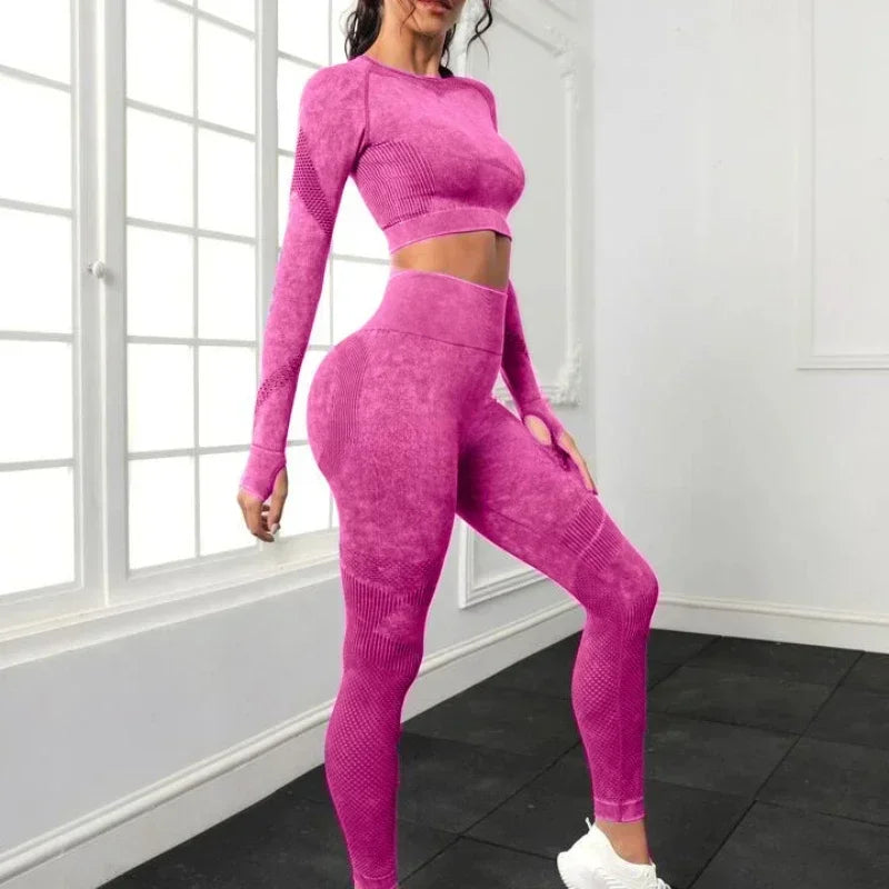 Ensemble de sport 2 pièces délavé à l'acide pour femme : leggings sans coutures à manches longues, survêtement, tenue de fitness et de yoga.