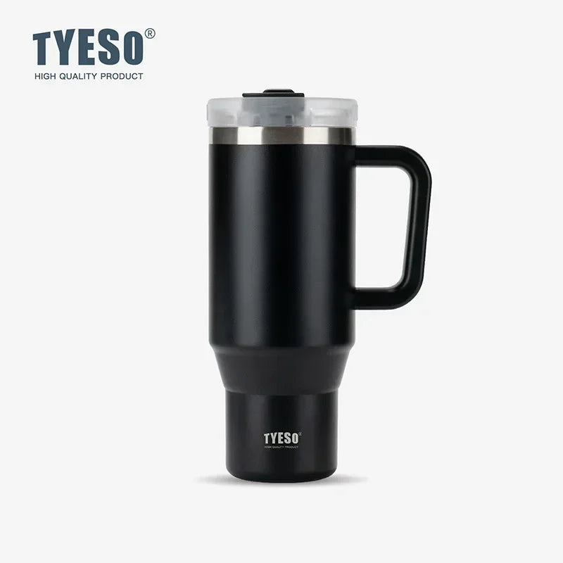 Gobelet isotherme Tyeso 900/1200 ml en acier inoxydable avec anse et paille, idéal pour les voyages, les boissons chaudes et glacées.