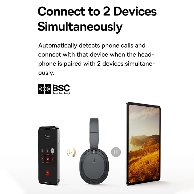 Casque sans fil Baseus Bowie D05 : audio spatial 3D, Bluetooth 5.3, haut-parleurs de 40 mm, pliable, circum-aural, autonomie de 70 heures.