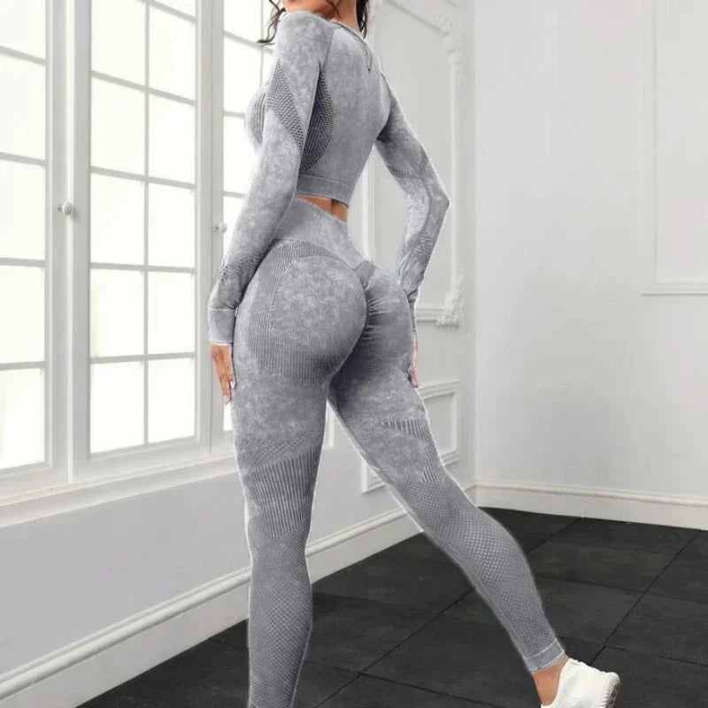 Ensemble de sport 2 pièces délavé à l'acide pour femme : leggings sans coutures à manches longues, survêtement, tenue de fitness et de yoga.