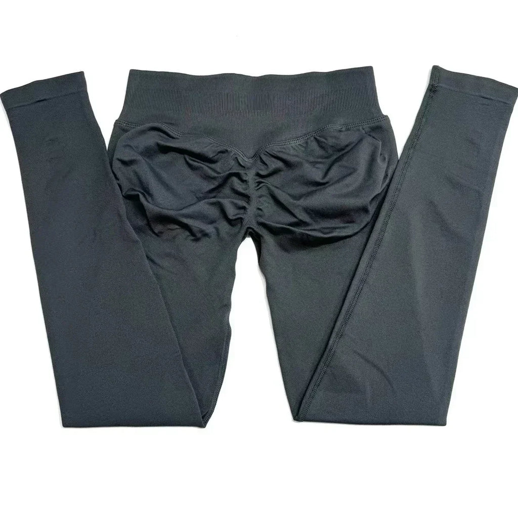 Legging de sport push-up sans logo, effet froncé, taille basse, sans coutures, idéal pour le yoga et le sport.