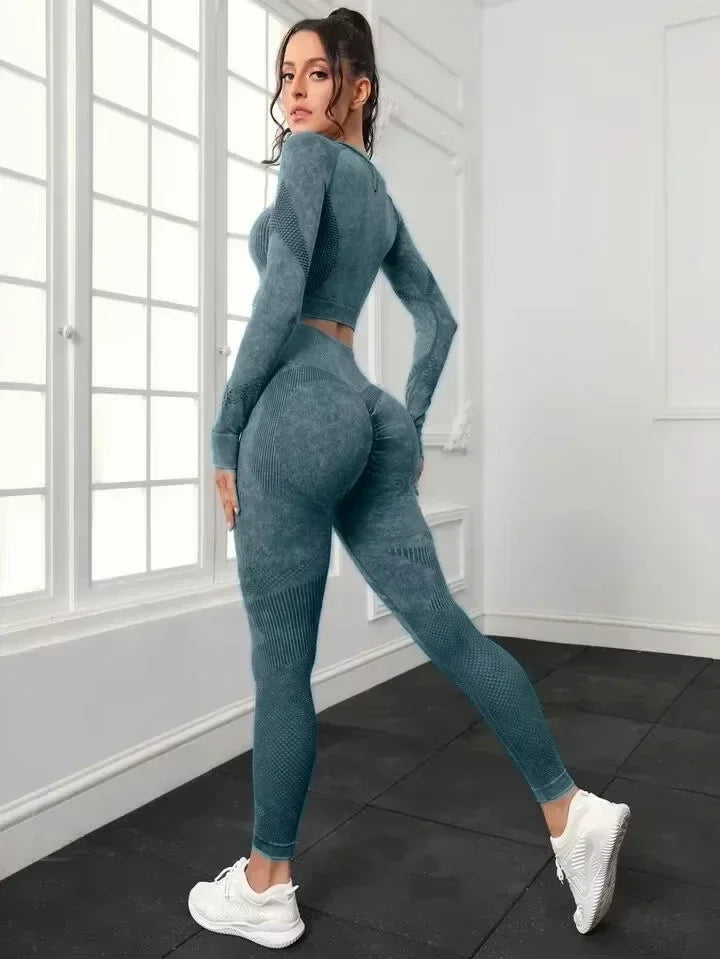 Ensemble de sport 2 pièces délavé à l'acide pour femme : leggings sans coutures à manches longues, survêtement, tenue de fitness et de yoga.