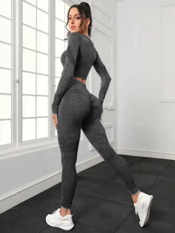 Ensemble de sport 2 pièces délavé à l'acide pour femme : leggings sans coutures à manches longues, survêtement, tenue de fitness et de yoga.